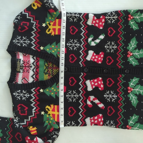 Absolutely Famous Button Up Acrylic Cardigan Christmas Sweater MEDIUM Black Red - Picture 15 of 16